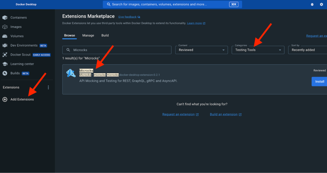 - F5 Microcks add extensions Screenshot of Docker Desktop with red arrow pointing to the Add Extensions option in the left sidebar.